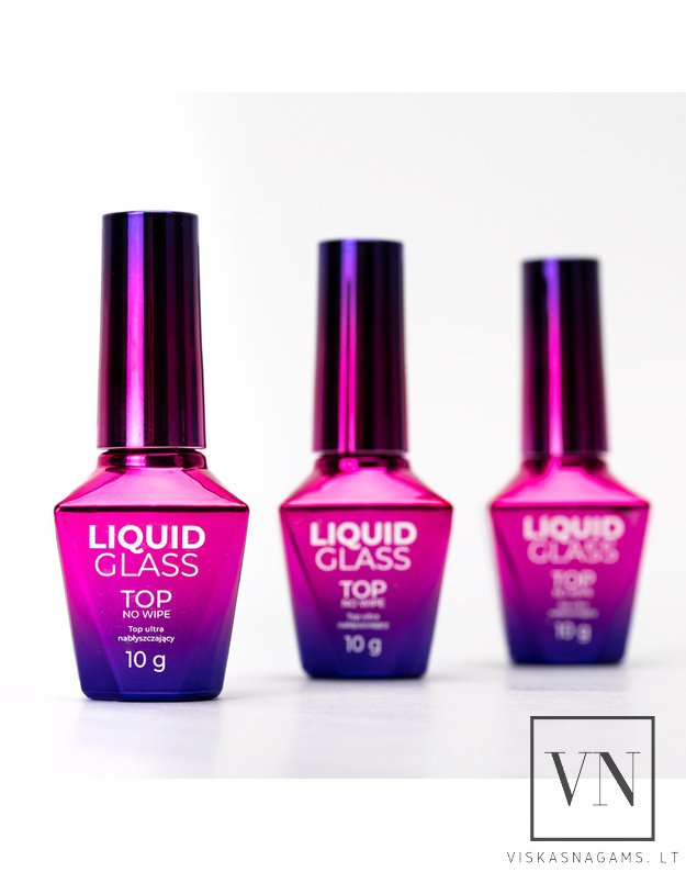 MOLLY NAILS LIQUID GLASS TOP ypač blizgus, nelipnus viršutinis sluoksnis, 10g 2