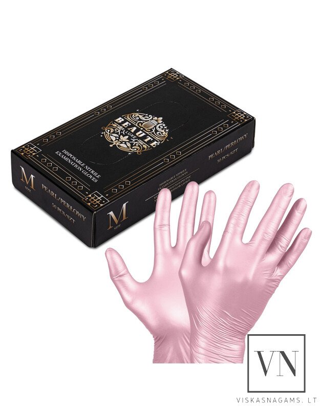 BEAUTE LUXE PEARL PINK vienkartinės, nitrilinės pirštinės, M, 50vnt.